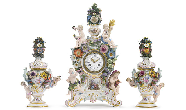 meissen porcelain garniture clock set