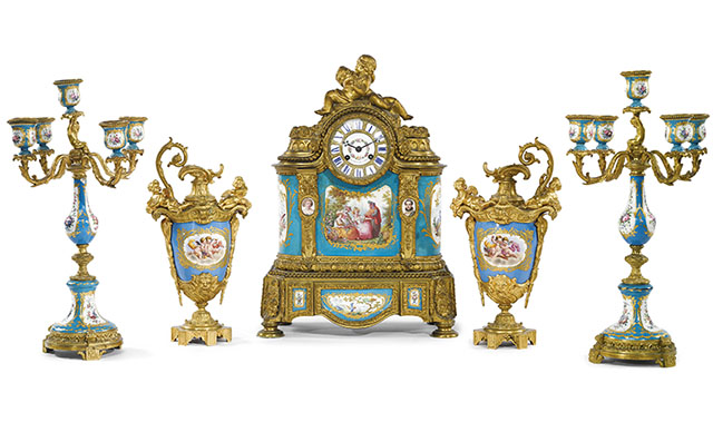 louis xvi style sevres clock garniture set